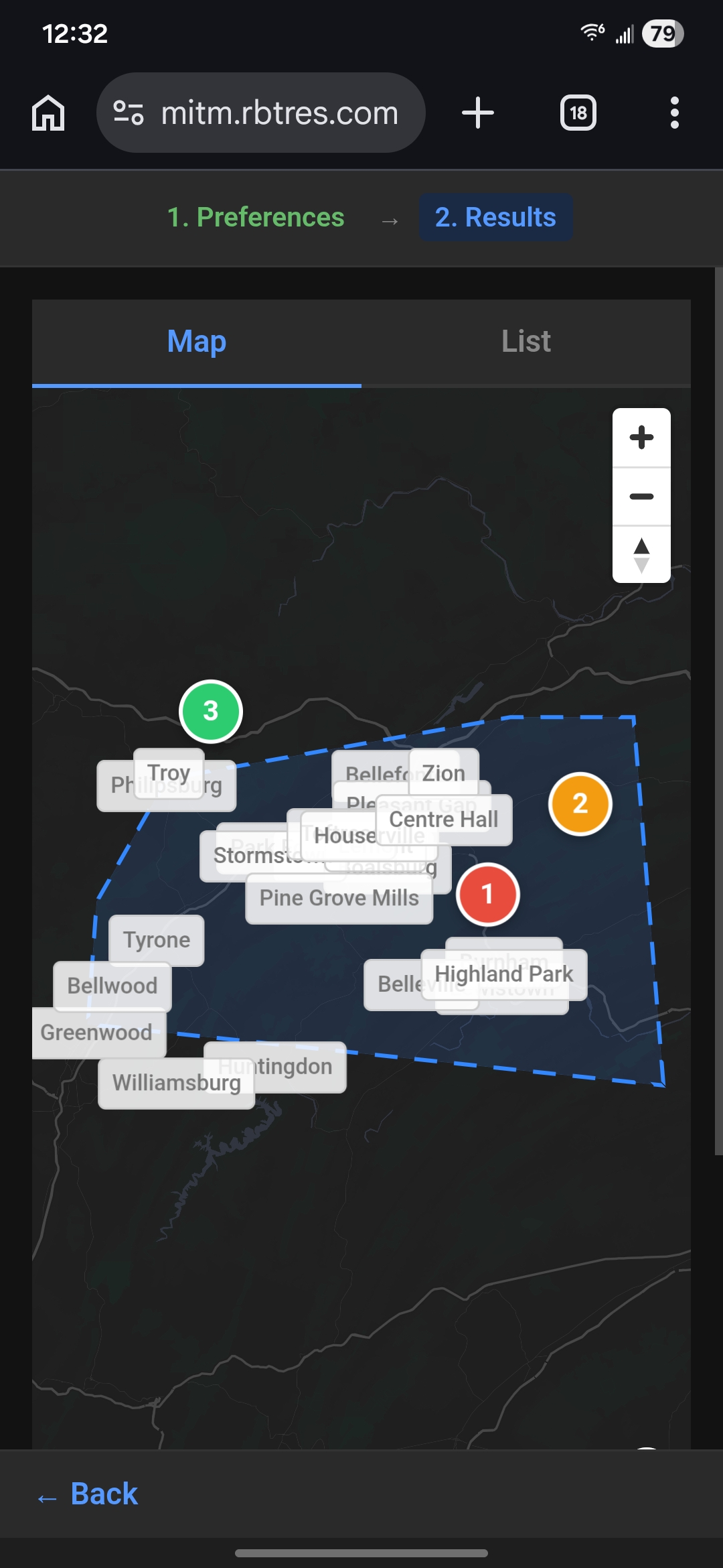 Map showing the overlap zone between three locations with town labels